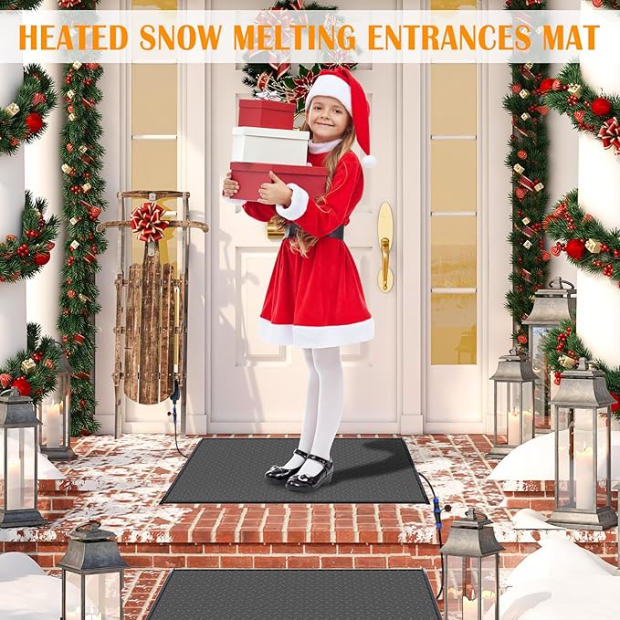 Snow Melting Mats Outdoor for Walkways, 20 x 30 in 2 Pack No-Slip Heated Outdoor Mats with 10 ft Power Cord, 3 in/h Speed Snow and Ice Melting Pads for Winter Backyards Snow Removal