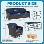 5 Pieces Outdoor Conversation Furniture Set - 77" Patio Sofa, 2 Swivel Rocker Chairs, 1 Side Table, 1 Metal Table, Patio Wicker Couch Set with Washable Cushions for Porch (Navy Blue)