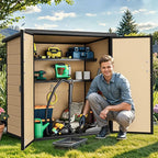 DWVO 51 cuft Outdoor Storage Shed with 2 Shelves, Weatherproof Vertical Tool Shed with Floor & Lockable Doors, Sturdy Double-Wall Plastic Cabinet for Garbage Cans and Garden Equipment (Brown)