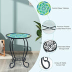 HONGLAND Mosaic Outdoor Side Table, 14" Round Patio Side Table, Mosaic Plant Stand, End Table W/Storage Shelf, Small Bistro Coffee Table for Garden Yard Porch Living Room(Green)