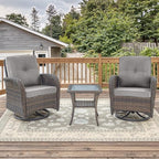 Outdoor Swivel Glider Rocker Chairs - 3 Piece Patio Furniture Set, Patio Bistro Sets with Tempered Glass Side Table, for Balcony, Porch - Brown Wicker, Grey Cushion