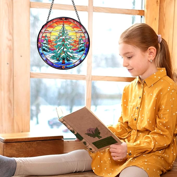 kdqua Christmas Tree Suncatcher Stained Glass Window Hanging, Winter Xmas Tree Sun Catchers Indoor Window Glass Round Wall Decor, Wall Art Hanging Decorations Statues, 7.9x7.9in