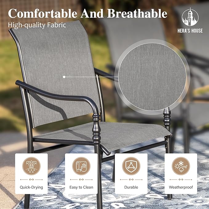 HERA'S HOUSE Patio Table and Chairs, 7 Pieces Outdoor Dining Set, 1 x Round Metal Table with 1.57”-1.9” Umbrella Hole, 6 x Grey Armrest Chairs for Deck Porch Backyard