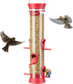 Kingsyard 6 Ports Tube Bird Feeder for Outdoors Hanging, Removable Base and Perch, Easy to Clean & Refill, Premium Hard Plastic, Attracting for Finches Cardinals Bluebirds (Red)