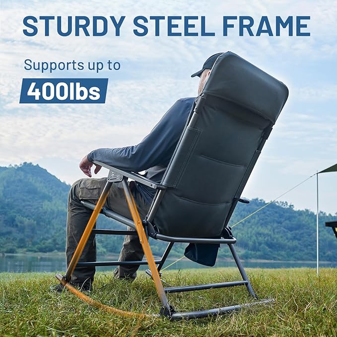 TIMBER RIDGE Oversized Folding Rocking Camping Chair, Padded Outdoor Rocker with High Back, Portable Outdoor Chair for Patio, Garden, Lawn, Supports up to 400 lbs, Blue, 2 Pack