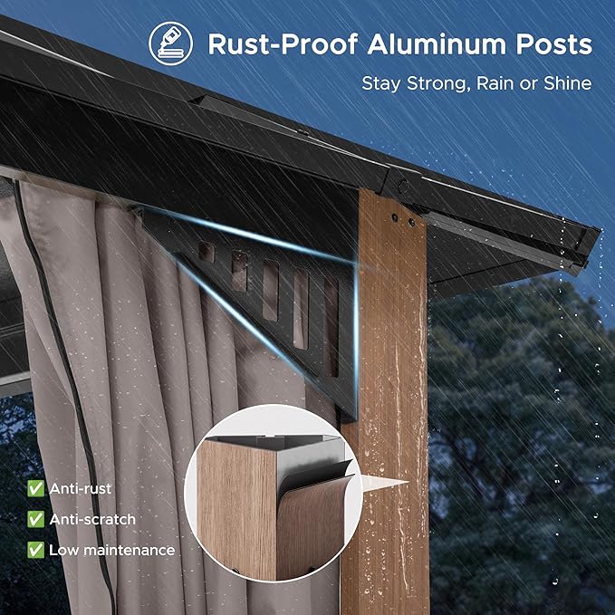 SUNJOY Kingston 20' x 12' Hardtop Gazebo with Galvanized Steel/Polycarbonate Double Roof, Curtain and Netting, Woodgrain Finish Aluminum Posts Permanent Pavilion Gazebo for Garden, Patio, Deck, Lawn