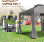 COOS BAY 10x10 Outdoor Patio Gazebo with Netting and Corner Shelves, Two-Tier Soft Top Canopy for Backyard, Lawn, Deck and Garden, Gray