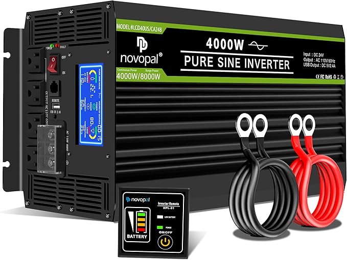 NOVOPAL 4000 Watt Pure Sine Wave Power Inverter DC 24V to AC 110V 120V Rv Inverters with 4 AC Outlets,High Power Terminal-16 ft Remote Control, LCD Display for Truck, Hurricane, Home