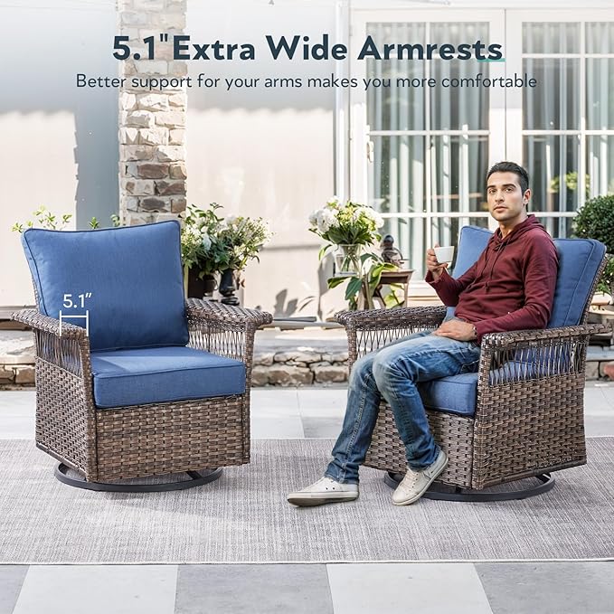 Outdoor Swivel Glider Chairs - 4 Pieces Hollow Widen Armrests Wicker Patio Furniture Set with Ottomans, High Back Outside Swivel Rocker for Balcony Porch Deck and Yard - Brown/Blue