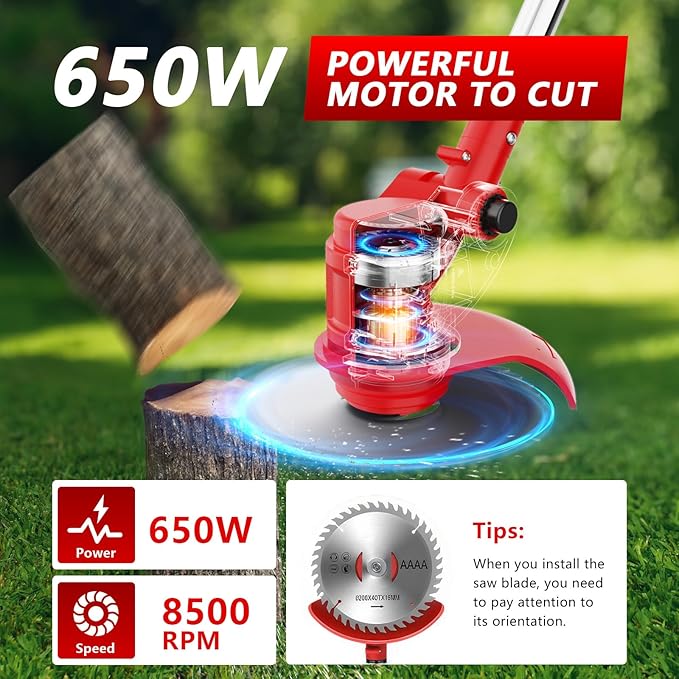 Electric Weed Wacker Cordless with Wheels,21V 2×2000mAh Weed Eater Battery Powered, 6-inch Cordless String Trimmer with 3 Types of Blades, Electric Grass Trimmer,Lawn Edger, Mower for Yard,Garden