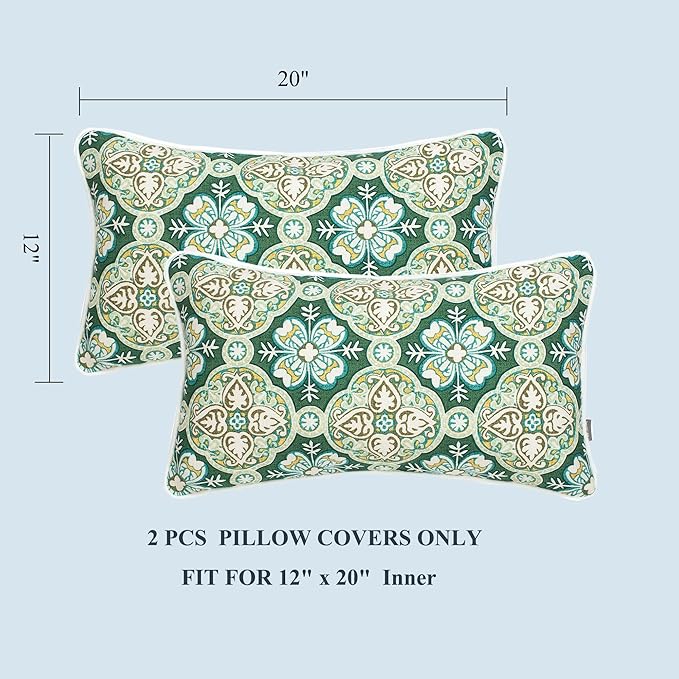 FUNHOME Indoor Outdoor Lumbar Pillow Covers ONLY, No Insert! Water-Repellent Patio Lumbar Cases 12” x 20”, Decorative Throw Pillowcase Shell for Couch Garden Furniture Use -Green Medal