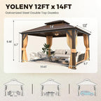 YOLENY 12' x 14' Gazebo Hardtop with Aluminum Frame,Galvanized Steel Double Roof Gazebos with Curtain and Netting,Outdoor Metal Pergolas for Garden, Lawn, Deck, Brown