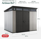 Keter Artisan 9x7 Foot Large Outdoor Shed with Floor with Modern Design for Patio Furniture, Lawn Mower, Tools, and Bike Storage, feet, Grey/Black