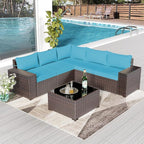 Outdoor Patio Furniture Set, 6 Pieces Outdoor Furniture All Weather Patio Sectional Sofas PE Wicker Modular Conversation Sets with Coffee Table,5 Chairs & Seat Clips Turquoise Blue.