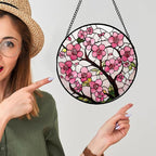 Stained Glass Window Hanging - Cherry Blossoms Birth Flower Suncatcher for Door Garden Patio Sun Catchers Decor Christmas Mother's Day Birthday Gifts for Women Mom Nana Friend Wife 7.8 in