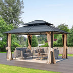 EROMMY 12'x14' Hardtop Gazebo, Double Roof Metal Canopy with Aluminum Frame, Netting and Shaded Curtains Included Permanent Outdoor Pavilion Gazebos for Patio, Backyard, Deck and Lawns