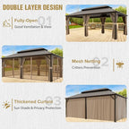 COOS BAY 12x20 Hardtop Gazebo with Aluminum Frame, Galvanized Steel Double Roof Outdoor Pavilion with Netting and Curtains, Dark Brown/Tan