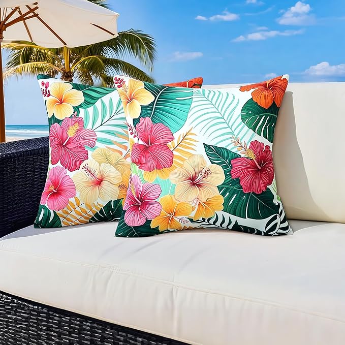 Outdoor Pillow Covers 18x18 Inch Set of 2 Tropical Floral Plants Boho Throw Pillows Cases Waterproof Square Garden Cushion Sham for Patio Funiture Balcony Bench Sofa Couch, Yellow & Red