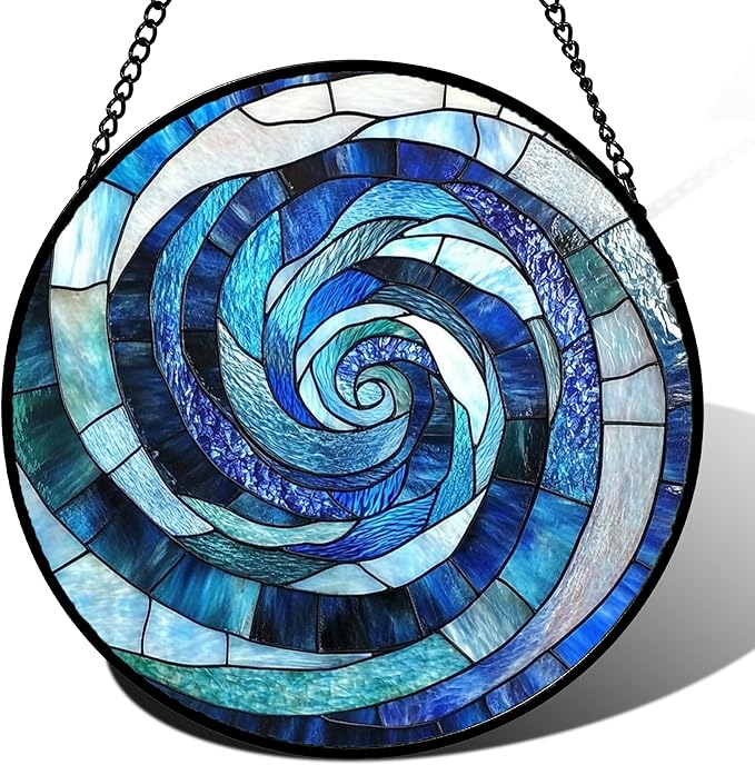 Stained Glass Window Hanging - Blue Abstract Swirl Suncatcher for Doors Garden Patio Unique Sun Catchers Decor Christmas Mother's Day Birthday Gifts for Women Men Mom Nana Friend 7.8 in