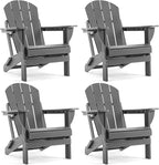Folding Adirondack Chair, HDPE Outdoor Texture Lawn Chair with Reclining Back, Cup and Phone Holder - Comfortable Firepit Chair Weather Resistant for Patio or Backyard (Grey, Set of 4)