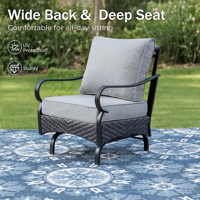 PHI VILLA Patio Rocking Chairs Set of 2, Outdoor Wicker Chairs with Thick Cushion, All Weather High Back Outdoor Furniture for Balcony Porch and Yard