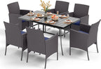 PHI VILLA 7 Piece Outdoor Dining Set for 6, Rectangular Wrought Iron Dining Table with Umbrella Hole & Cushioned Rattan Wicker Chairs for Patio, Deck, Yard, Porch