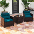 ORALNER 3 Pieces Patio Furniture Set, Outdoor Wicker Conversation Set Rattan Chairs with Cushions, Glass Coffee Table, Bistro Set for Front Porch Balcony Garden Deck Poolside (Peacock Blue)