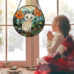 Stained Glass Window Hanging - White Cat Green Plants Orange Flowers Sun Catcher for Door Garden Home Decor Suncatcher Christmas Mother's Day Birthday Gifts for Women Men Mom Nana 9.8 in