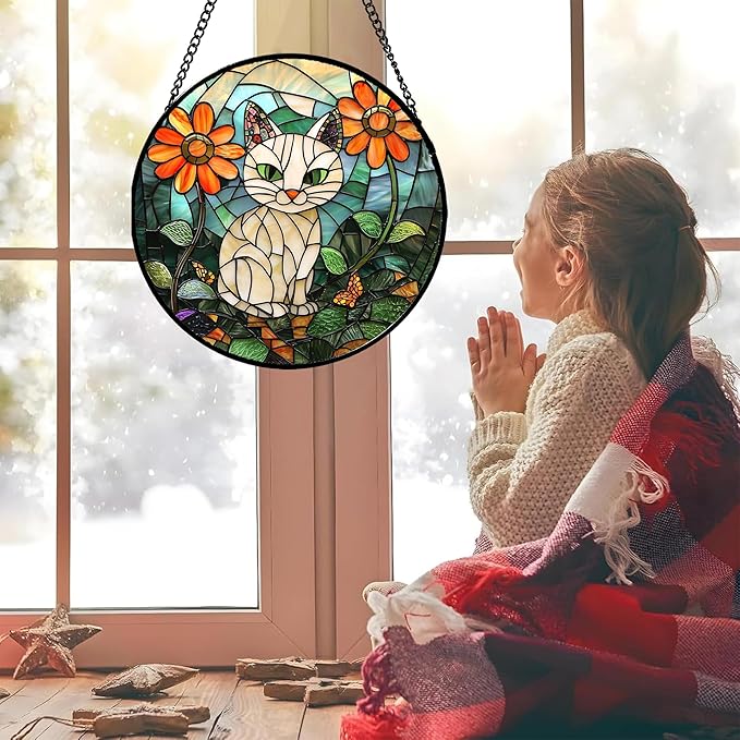 Stained Glass Window Hanging - White Cat Green Plants Orange Flowers Sun Catcher for Door Garden Home Decor Suncatcher Christmas Mother's Day Birthday Gifts for Women Men Mom Nana 15 in