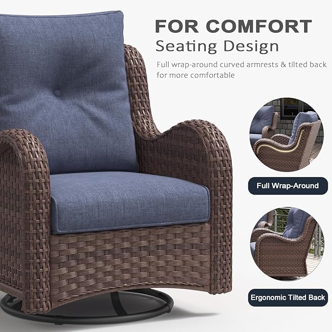 LayinSun 7 Pieces Outdoor Patio Furniture Set with Fire Pit Table, Rattan Wicker Swivel Rocker Chairs Sets with Swivel Glider Chairs and Coffee Table