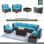 Outdoor Patio Furniture Set with Propane Fire Pit Table, 8 Pcs Outdoor Furniture Patio Sectional Sofas Conversation Sets w/ETL Approved 43" Gas Outdoor Fire Table & Coffee Table Turquoise