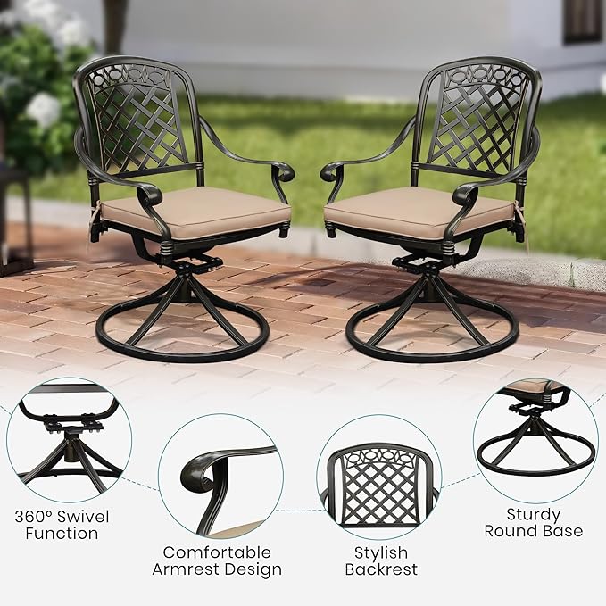 Set of 4 Cast Aluminum Patio Chairs with Cushions, All-Weather Aluminum Outdoor Swivel Chairs, Metal Outdoor Rocking Chairs for Backyard, Poolside and Bistro (Khaki, 4 Pieces)