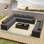 Outdoor Patio Furniture Set, 12 Pieces Outdoor Furniture All Weather Patio Sectional Sofa PE Wicker Modular Conversation Sets with Coffee Table,10 Chairs and Seat Clips Grey