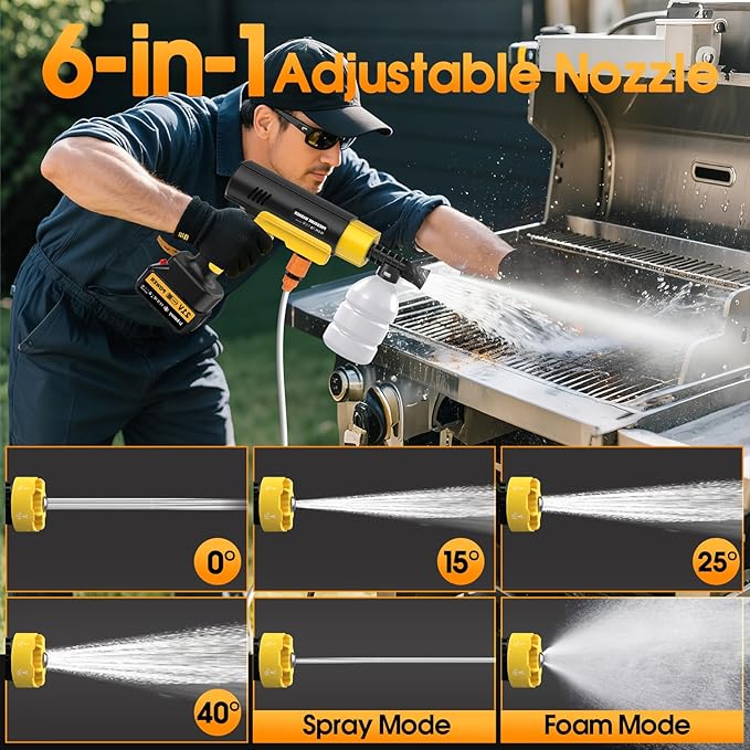 Cordless Pressure Washer Battery Powered, 130Bar/1885PSI Cordless Power Washer with 3.0Ah Battery&Charger&6-in-1 Nozzle, Handheld Pressure Washer Cleaner Portable Power Washer Kit for Car/Garden/Home
