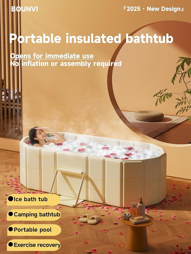 59''Portable insulated bathtub, Ice Bath Tub for Athletes, Inflation-free bathtub for shower, Ice Plunge Tub with Cover, Baths at Home & Outdoor（with Cover）