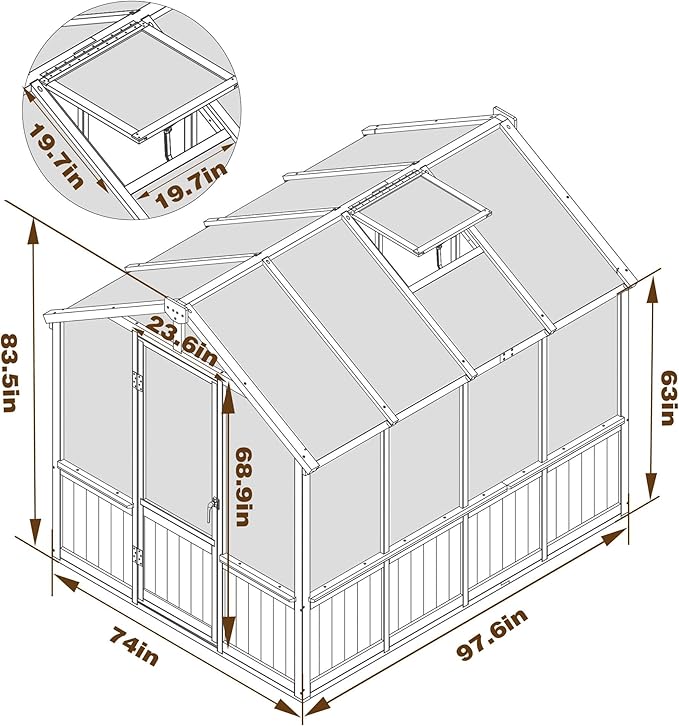 Mupater 6 x 8 FT Wooden Polycarbonate Greenhouse with Ventilated Window and Lockable Door, Walk-in Greenhouse for Backyard