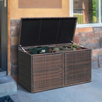 Tangkula Outdoor Wicker Storage Box, Garden Deck Bin with Steel Frame, Rattan Storage Box with Lid, Ideal for Storing Tools, Accessories, 88 Gallon Capacity (Brown)