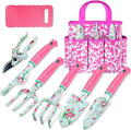 Gardening Tools, 8 Pcs Heavy Duty Floral Garden Tool Set Birthday Gifts for Women WANCHI Rose Red Gardening Kit (Garden Tool Bag Kneeling Pad Weeder Fork Hand Rake Pruning Shears Trowel Transplanter)