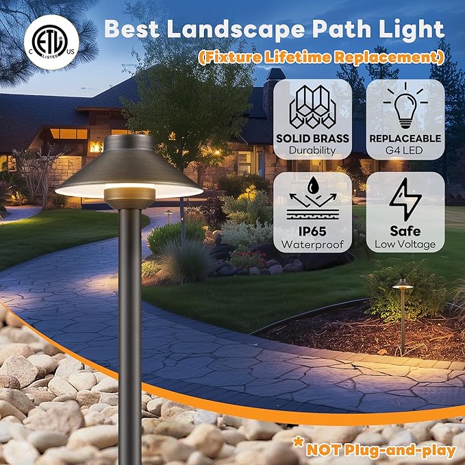 Gardenreet Brass Low Voltage Path Lights - 12V Landscaping Pathway Lamp IP65 Waterproof, Wired Walkway Lighting Outdoor, LED Mushroom-top Bronze for Lawn Backyard Garden G4 Bulb Not Included (8 Pack)