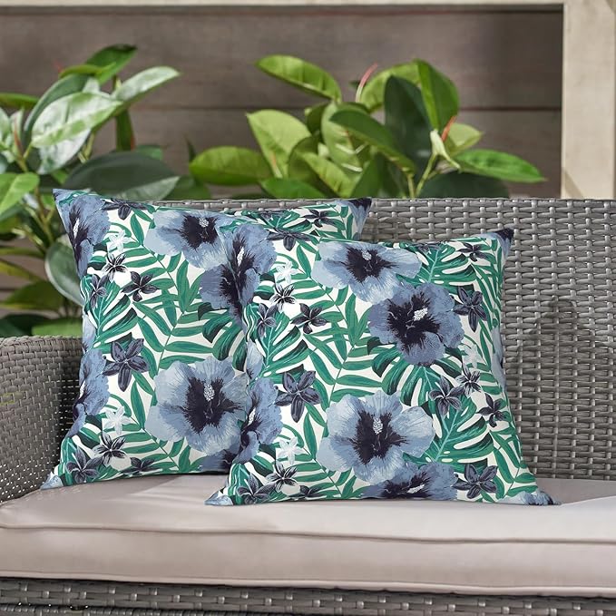 LVTXIII Outdoor Throw Pillow Covers 16 x 16 Inch, Covers ONLY Modern Cute Pattern Decorative Square Toss Pillow Case Pack of 2 for Home Patio Garden Sofa Bed Furniture, Blue Salmone Tropical