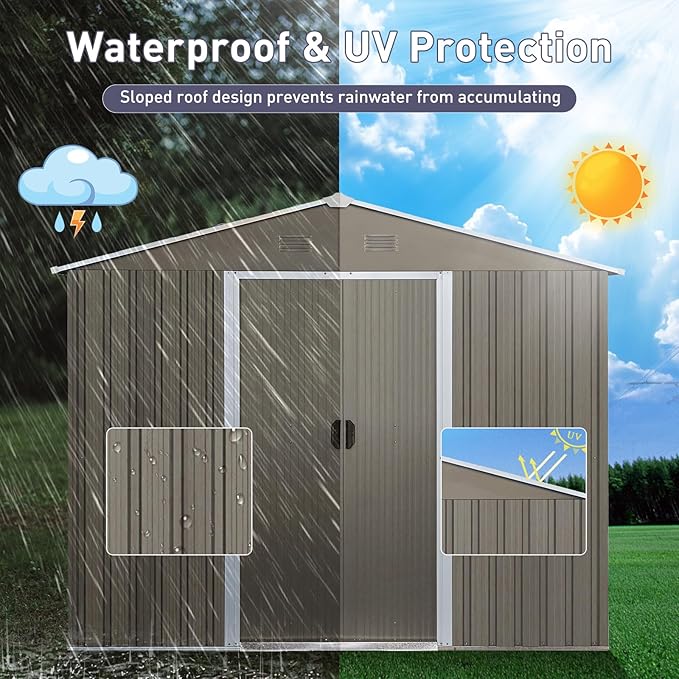 8x10 ft Outdoor Metal Storage Shed with Floor Foundation and Window, Lockable Galvanized Steel Tool Shed with Sliding Door and Air Vent, Waterproof Garden Storage House for Backyard, Patio