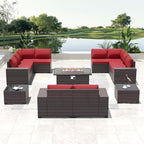 Outdoor Patio Furniture Set with Propane Fire Pit Table, 13 Pieces Outdoor Furniture Patio Sectional Sofa Conversation Sets w/ETL Approved 43" Gas Outdoor Fire Table & Coffee Table Red.