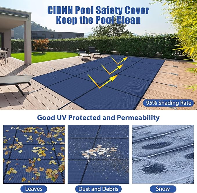 Inground Pool Cover Safety Fits Rectangle Swimming Pool, Mesh Solid Pool Cover for Inground Pools,Winter Pool Safety Cover Includes Safety Net and Installation Tools Blue (Blue, Fits 12x20ft Pools)