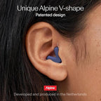 Alpine Silence Earplugs for Sleep, Focus & Travel - V-Shape Fit & Soft Oval Tips – 4 Sizes XS/S/M/L - Comfortable, Reusable Hearing Protection - 22dB – Midnight Blue