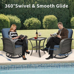 3 Pieces Patio Furniture Set, Outdoor Swivel Rocking Chair Set of 2 with Side Table - 360° Swivel, Thick Cushions, All-Weather Bistro Set for Deck, Porch, Pool(Navy, Grey Full-Weave Rattan)
