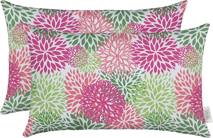 RSH DECOR: Lumbar Throw Pillows Set of 2 | 20” x 12" | All-Weather Spun Fabric | Water and Fade-Resistant | Outdoor Support Pillows for Patio Furniture | Floral Blooms Pink