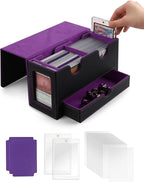 MRAUF MTG Deck Box with Double Commander Display and Dice Tray, Fits 200+ Double Sleeved Cards, Card Storage Box Plus 2 Magnetic Holders& 100Pcs Card Sleeves (Black& Purple)