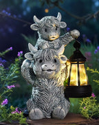Solar Highland Cow Garden Decor - Resin Cow Statue with Solar Lantern Outdoor Yard Patio Decor - Ideal Gifts for Women,Mom Men (Grey)
