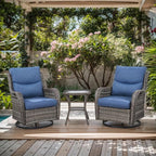 Patio Conversation Set with Smile-Shaped Cushions, Luxury Outdoor Swivel Chairs with Side Table and Ottomans, 5PCS PE Rattan Swivel Glider Chairs Set, Grey Wicker|Blue Cushions