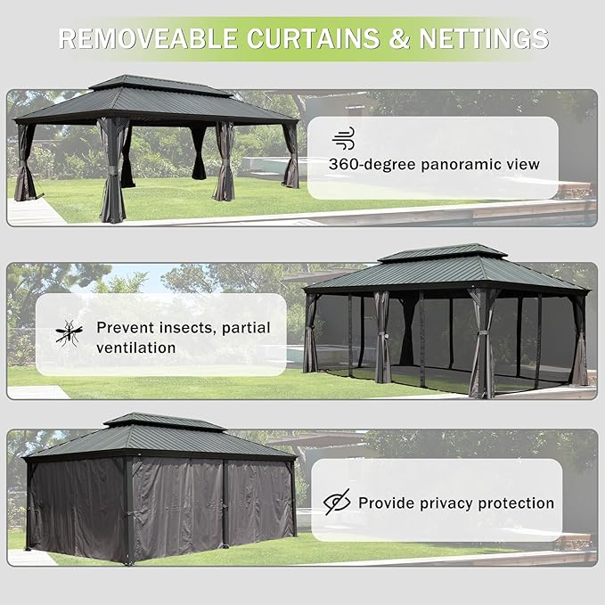 Domi 12x16FT Outdoor Gazebo, Hardtop Gazebo with Galvanized Steel Double Roof, Metal Gazebos with Drainage System Patio Pergola for Patio Deck Backyard,Curtain and Netting,Gray
